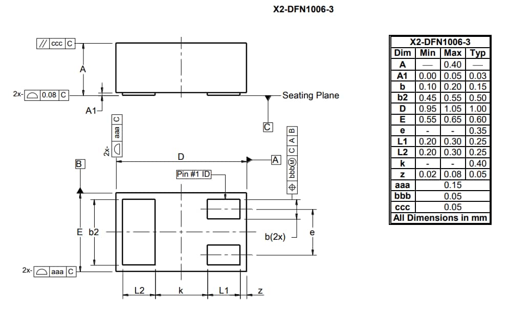 Mechanical Drawing - Diodes Incorporated DMN3732UFB4 N-Channel Enhancement Mode MOSFET
